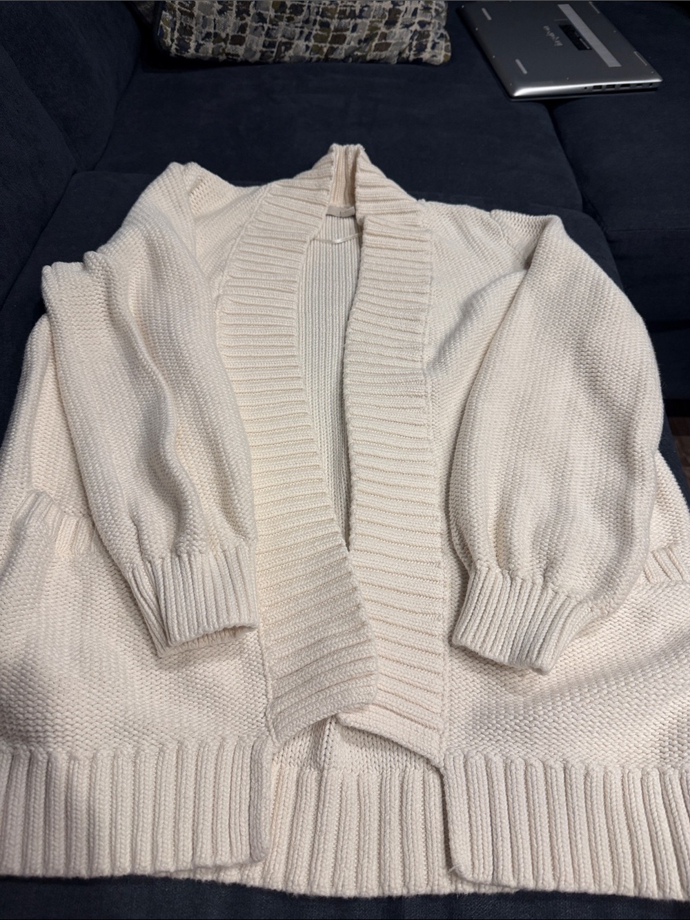 LOFT Cream Open-Front Ribbed Shawl Collar Cardigan